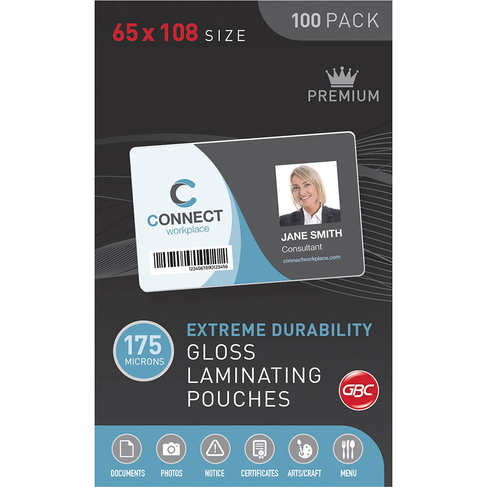 Image for GBC LAMINATING POUCH 175 MICRON 65 X 108MM CLEAR PACK 100 from MOE Office Products Depot Mackay & Whitsundays
