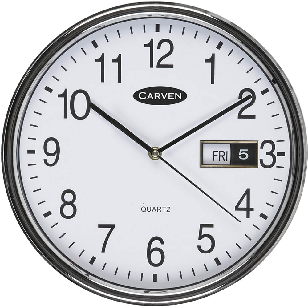 Image for CARVEN WALL CLOCK WITH DATE 285MM SILVER FRAME from Ross Office Supplies Office Products Depot