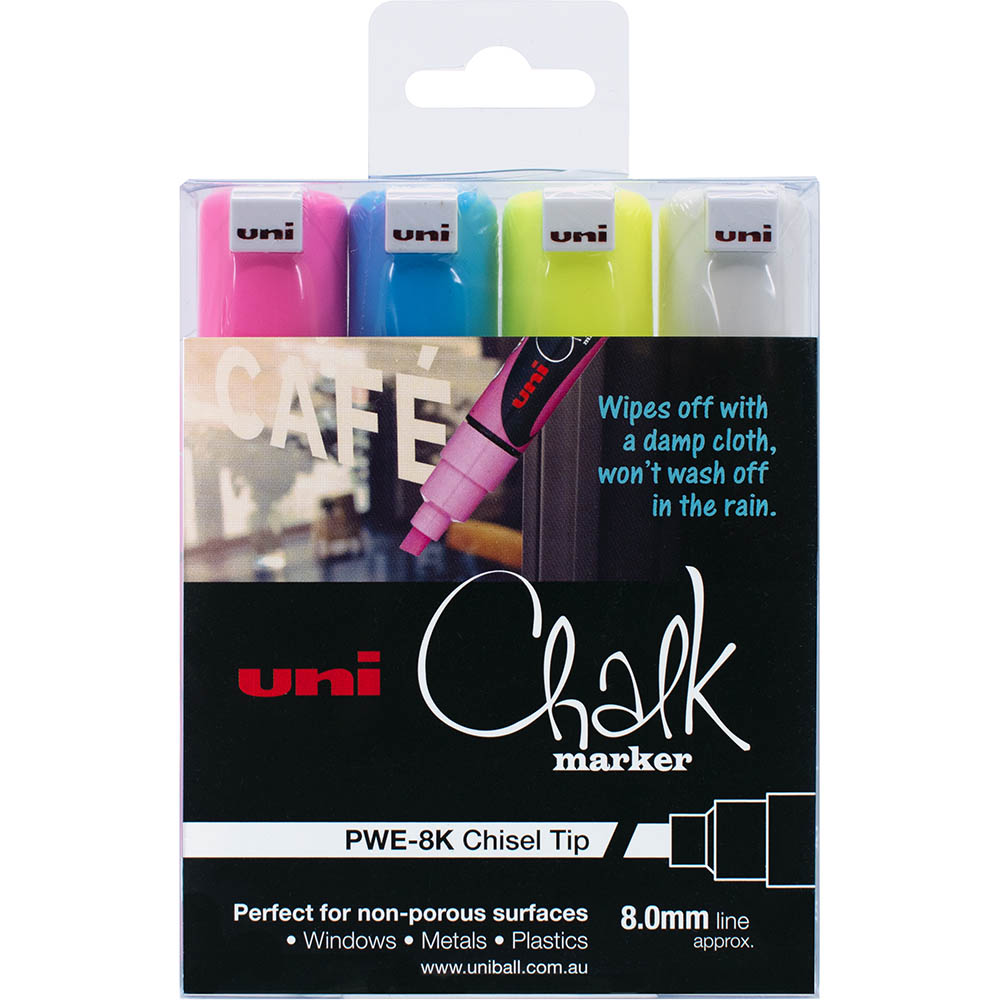 Image for UNI-BALL CHALK MARKER CHISEL TIP 8MM ASSORTED PACK 4 from Office Products Depot