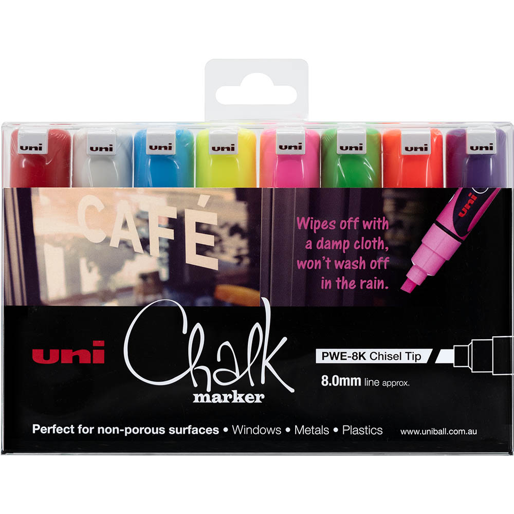 Image for UNI-BALL CHALK MARKER CHISEL TIP 8MM ASSORTED PACK 8 from Office Products Depot