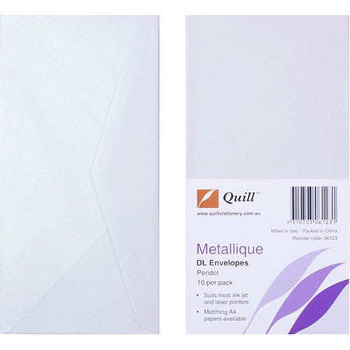 Image for QUILL DL METALLIQUE ENVELOPES PLAINFACE STRIP SEAL 80GSM 110 X 220MM PERIDOT PACK 10 from Office Products Depot Gold Coast