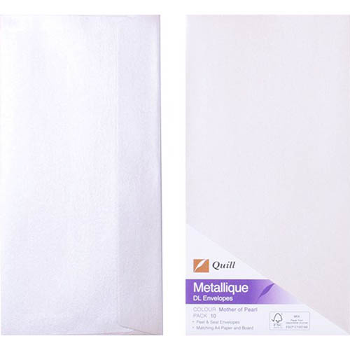 Image for QUILL DL METALLIQUE ENVELOPES PLAINFACE STRIP SEAL 80GSM 110 X 220MM PEARL PACK 10 from O'Donnells Office Products Depot