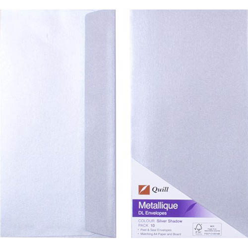 Image for QUILL DL METALLIQUE ENVELOPES PLAINFACE STRIP SEAL 80GSM 110 X 220MM SILVER PACK 10 from Office Products Depot