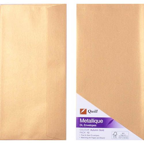 Image for QUILL DL METALLIQUE ENVELOPES PLAINFACE STRIP SEAL 80GSM 110 X 220MM AUTUMN GOLD PACK 10 from MOE Office Products Depot Mackay & Whitsundays