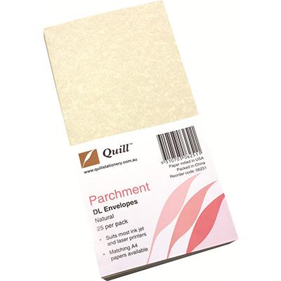 Image for QUILL DL PARCHMENT ENVELOPES PLAINFACE STRIP SEAL 90GSM 110 X 220MM NATURAL PACK 25 from Total Supplies Pty Ltd