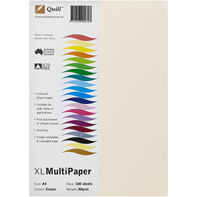 Image for QUILL COLOURED A4 COPY PAPER 80GSM CREAM PACK 100 SHEETS from Office Products Depot Gold Coast
