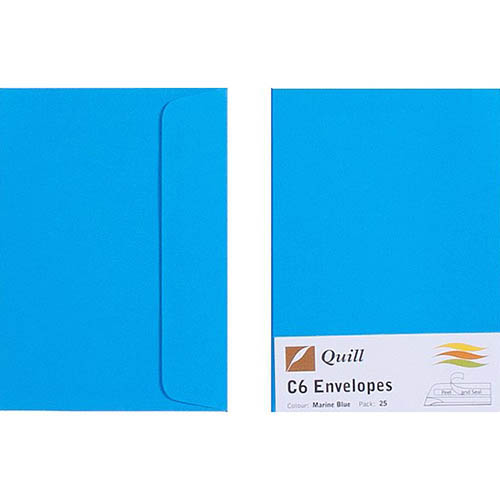 Image for QUILL C6 COLOURED ENVELOPES PLAINFACE STRIP SEAL 80GSM 114 X 162MM MARINE BLUE PACK 25 from O'Donnells Office Products Depot