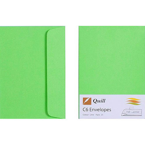 Image for QUILL C6 COLOURED ENVELOPES PLAINFACE STRIP SEAL 80GSM 114 X 162MM LIME PACK 25 from Office Products Depot Gold Coast