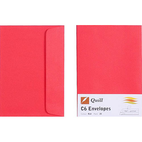 Image for QUILL C6 COLOURED ENVELOPES PLAINFACE STRIP SEAL 80GSM 114 X 162MM RED PACK 25 from Office Products Depot