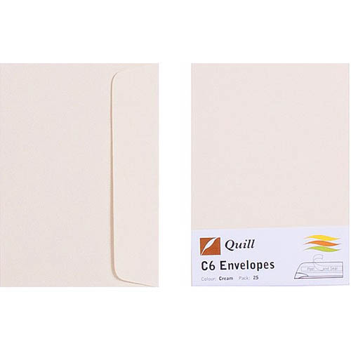Image for QUILL C6 COLOURED ENVELOPES PLAINFACE STRIP SEAL 80GSM 114 X 162MM CREAM PACK 25 from Office Products Depot