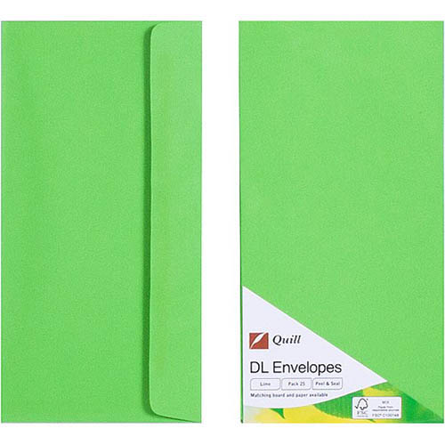 Image for QUILL DL COLOURED ENVELOPES PLAINFACE STRIP SEAL 80GSM 110 X 220MM LIME PACK 25 from Total Supplies Pty Ltd
