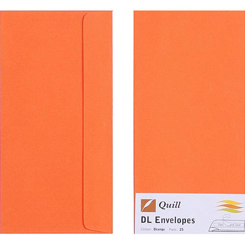 Image for QUILL DL COLOURED ENVELOPES PLAINFACE STRIP SEAL 80GSM 110 X 220MM ORANGE PACK 25 from O'Donnells Office Products Depot