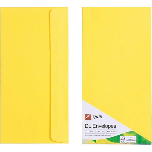 Image for QUILL DL COLOURED ENVELOPES PLAINFACE STRIP SEAL 80GSM 110 X 220MM LEMON PACK 25 from Ross Office Supplies Office Products Depot