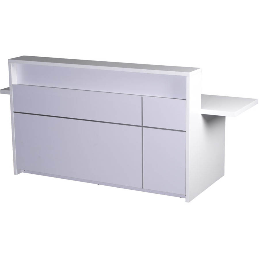 Image for RAPIDLINE 5-O RECEPTION COUNTER 2400 X 848 X 1100MM GLOSS WHITE/CHROME from MOE Office Products Depot Mackay & Whitsundays