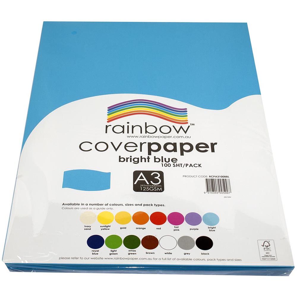 Image for RAINBOW COVER PAPER 125GSM A3 BRIGHT BLUE PACK 100 from Albany Office Products Depot