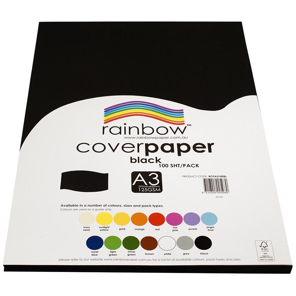Image for RAINBOW COVER PAPER 125GSM A3 BLACK PACK 100 from Total Supplies Pty Ltd
