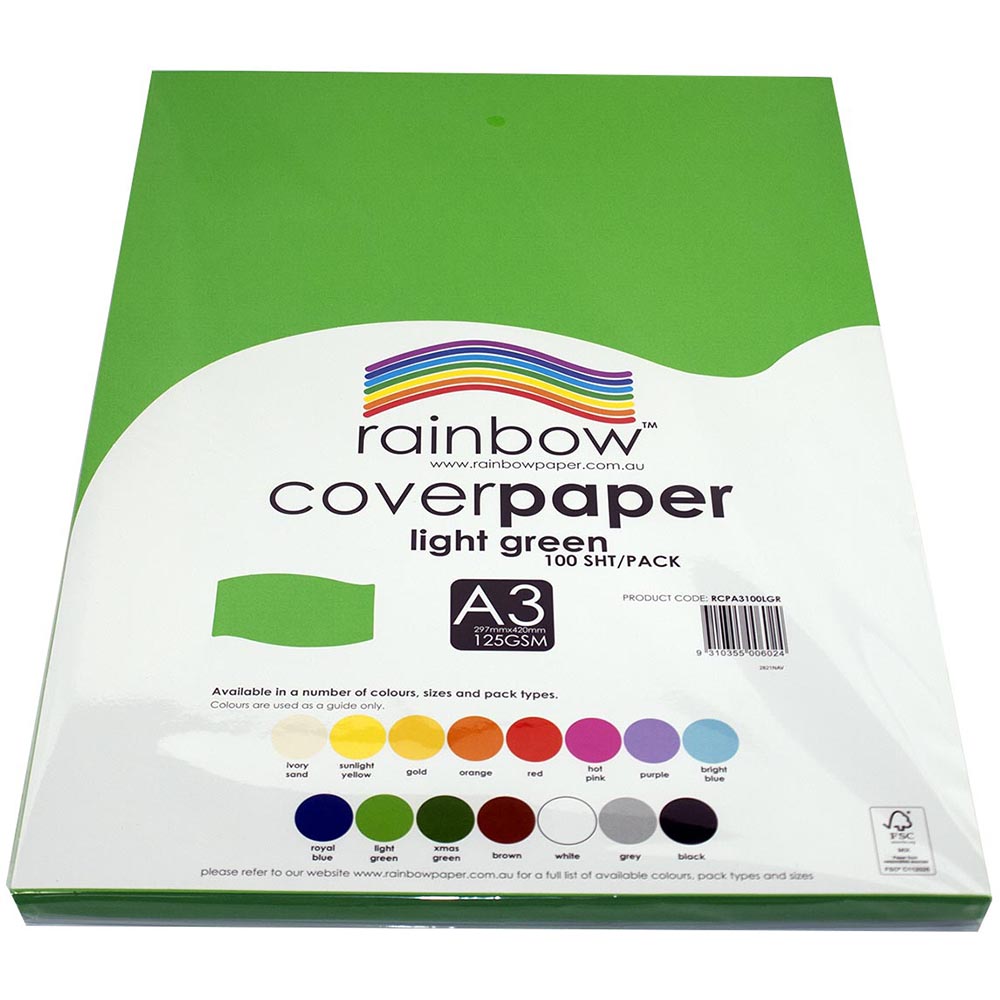 Image for RAINBOW COVER PAPER 125GSM A3 LIGHT GREEN PACK 100 from Margaret River Office Products Depot