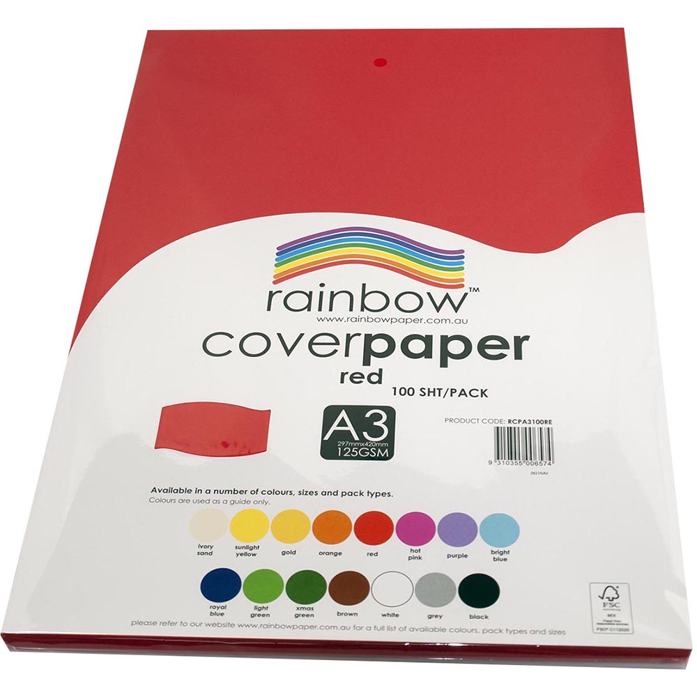 Image for RAINBOW COVER PAPER 125GSM A3 RED PACK 100 from Albany Office Products Depot