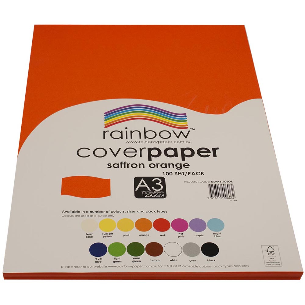 Image for RAINBOW COVER PAPER 125GSM A3 SAFFRON ORANGE PACK 100 from Ross Office Supplies Office Products Depot