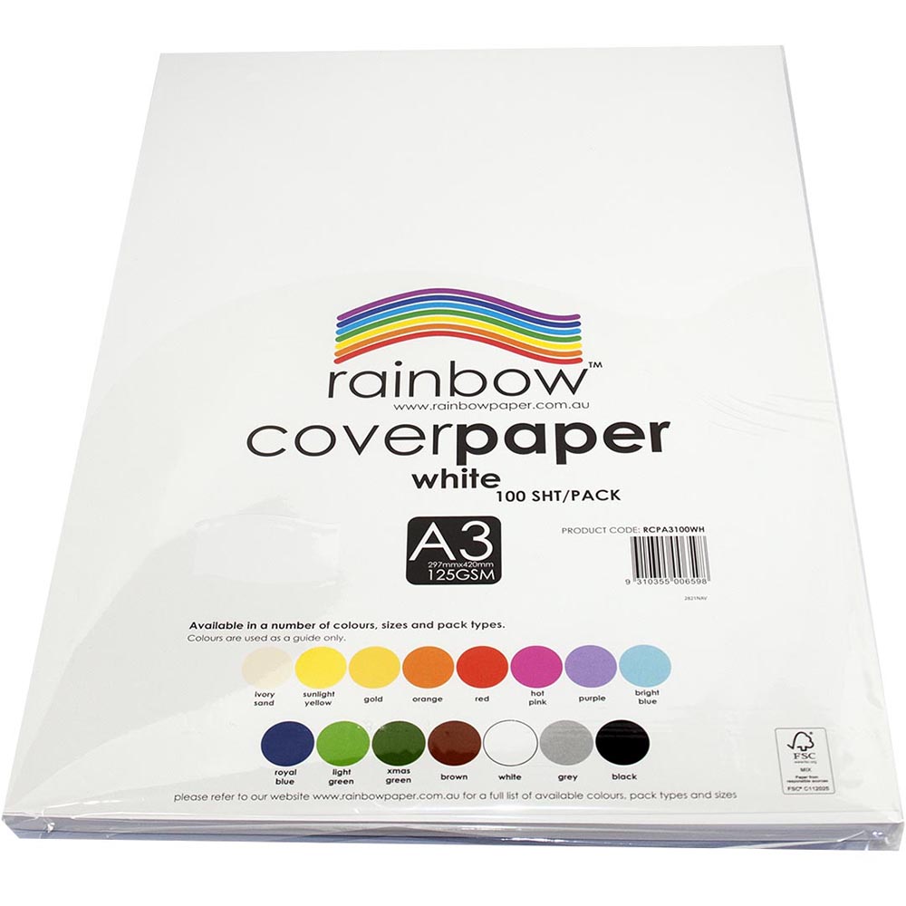 Image for RAINBOW COVER PAPER 125GSM A3 WHITE PACK 100 from Total Supplies Pty Ltd