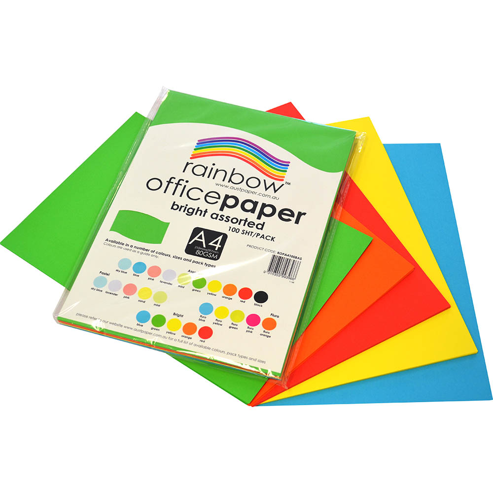 Image for RAINBOW COLOURED A4 COPY PAPER 80GSM 100 SHEETS BRIGHT ASSORTED from Ross Office Supplies Office Products Depot