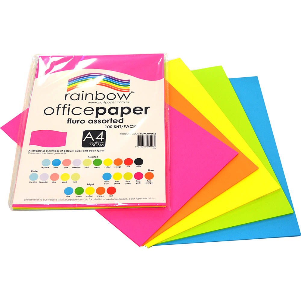 Image for RAINBOW COLOURED A4 COPY PAPER 75GSM 100 SHEETS FLURO ASSORTED from Ross Office Supplies Office Products Depot