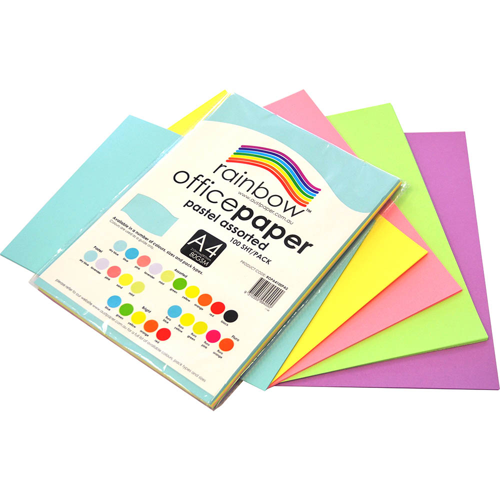 Image for RAINBOW COLOURED A4 COPY PAPER 80GSM 100 SHEETS PASTEL ASSORTED from O'Donnells Office Products Depot