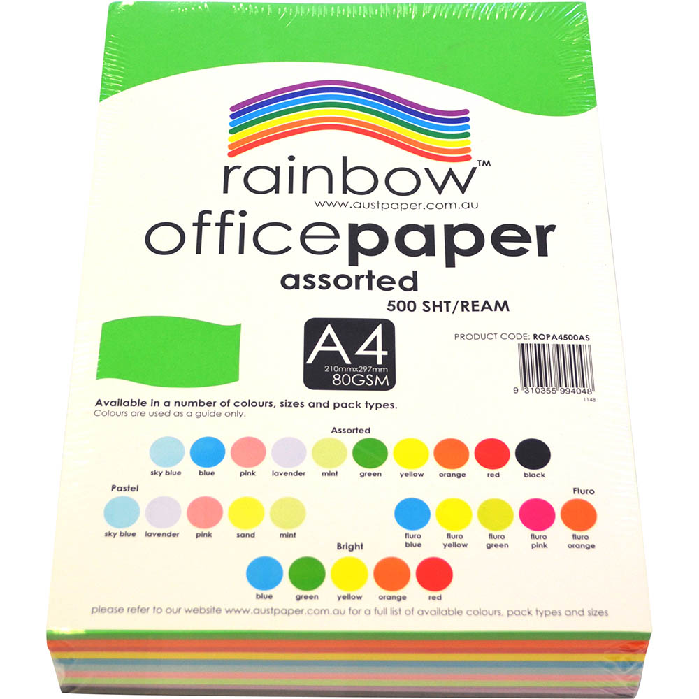 Image for RAINBOW COLOURED A4 COPY PAPER 80GSM 500 SHEETS ASSORTED from Ross Office Supplies Office Products Depot