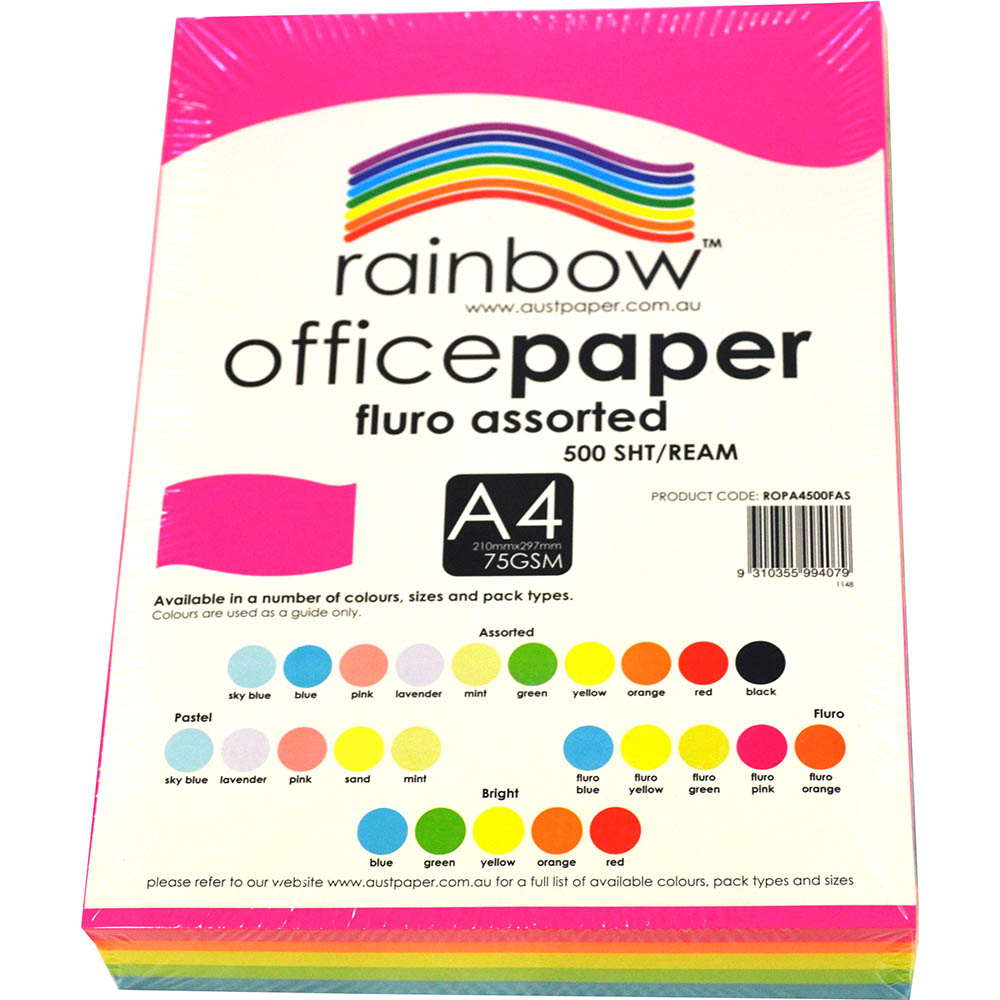Image for RAINBOW COLOURED A4 COPY PAPER 75GSM 500 SHEETS FLURO ASSORTED from Office Products Depot