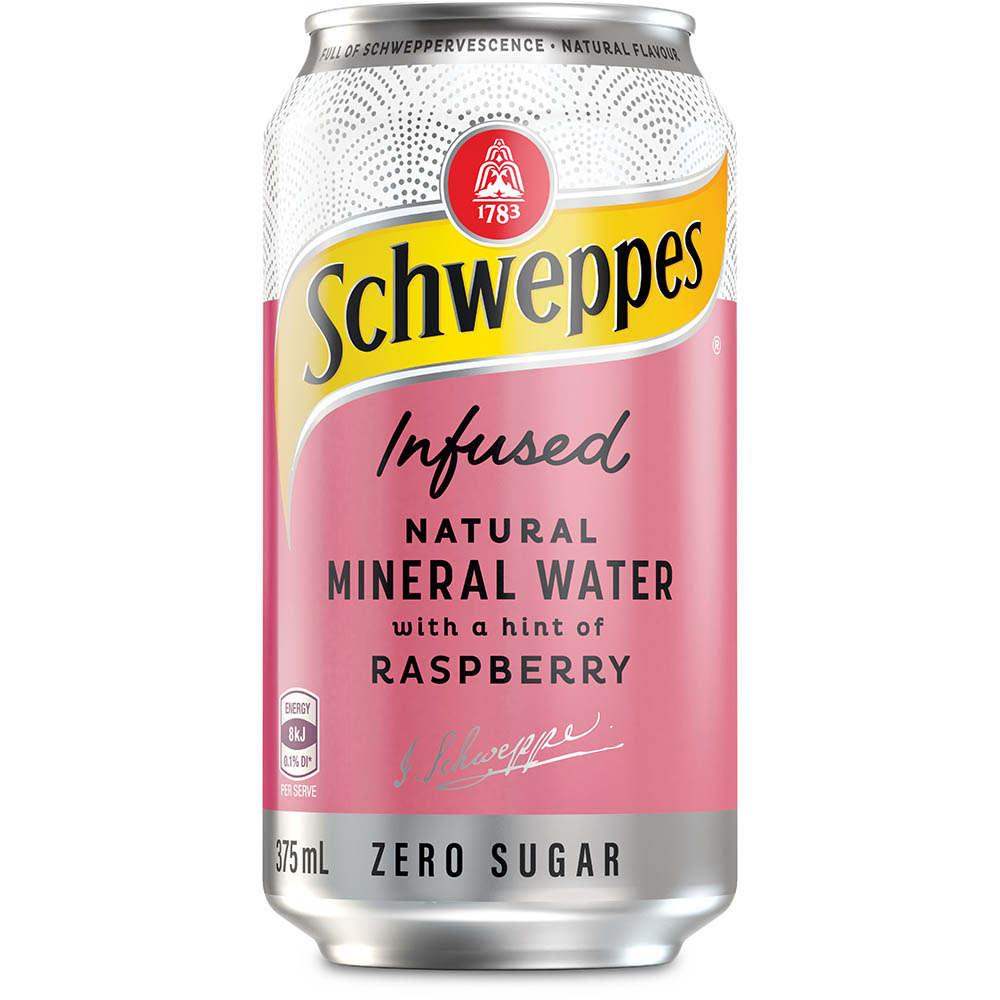 Image for SCHWEPPES INFUSED NATURAL MINERAL WATER CAN 375ML RASPBERRY PACK 10 from MOE Office Products Depot Mackay & Whitsundays