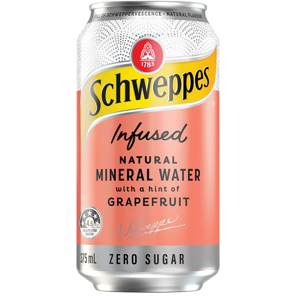 Image for SCHWEPPES INFUSED NATURAL MINERAL WATER CAN 375ML GRAPEFRUIT PACK 10 from MOE Office Products Depot Mackay & Whitsundays