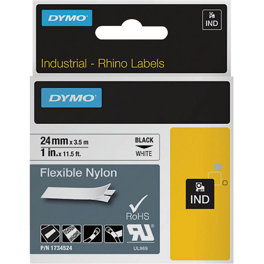 Image for DYMO SD1734524 RHINO INDUSTRIAL TAPE FLEXIBLE NYLON 24MM BLACK ON WHITE from Albany Office Products Depot