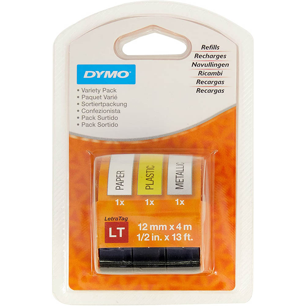 Image for DYMO 1989864 LETRATAG LABELLING TAPE 12MM VARIETY STARTER PACK 3 from Ross Office Supplies Office Products Depot