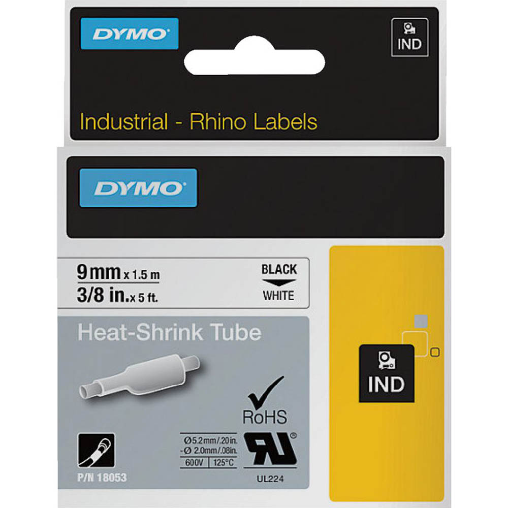 Image for DYMO SD18053 RHINO INDUSTRIAL HEAT SHRINK TUBING 9MM BLACK ON WHITE from MOE Office Products Depot Mackay & Whitsundays