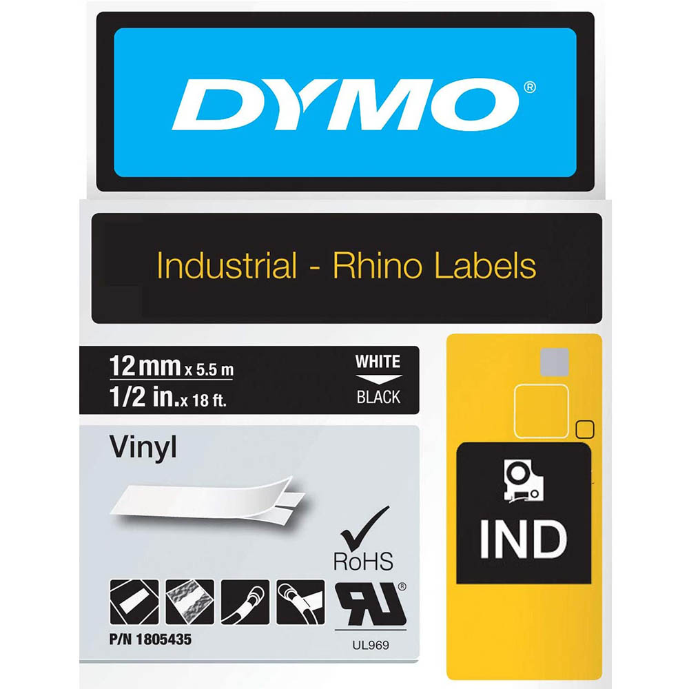 Image for DYMO 1805435 RHINO INDUSTRIAL TAPE VINYL 12MM WHITE ON BLACK from MOE Office Products Depot Mackay & Whitsundays