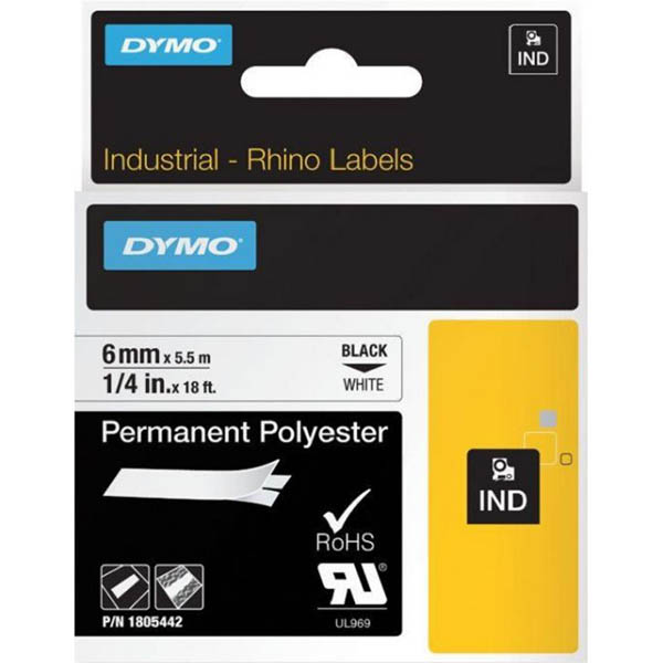 Image for DYMO 1805442 RHINO INDUSTRIAL TAPE PERMANENT POLYESTER 6MM BLACK ON WHITE from MOE Office Products Depot Mackay & Whitsundays