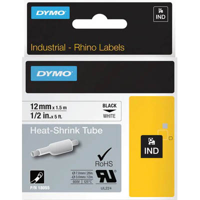 Image for DYMO SD18055 RHINO INDUSTRIAL HEAT SHRINK TUBING 12MM BLACK ON WHITE from Albany Office Products Depot