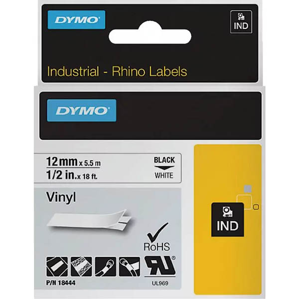 Image for DYMO SD18444 RHINO INDUSTRIAL TAPE VINYL 12MM BLACK ON WHITE from Office Products Depot Gold Coast