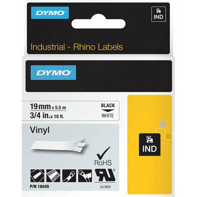 Image for DYMO SD18445 RHINO INDUSTRIAL TAPE VINYL 19MM BLACK ON WHITE from Ross Office Supplies Office Products Depot