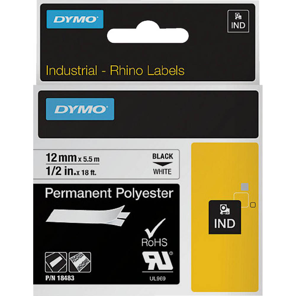 Image for DYMO SD18483 RHINO INDUSTRIAL TAPE PERMANENT POLYESTER 12MM BLACK ON WHITE from Total Supplies Pty Ltd