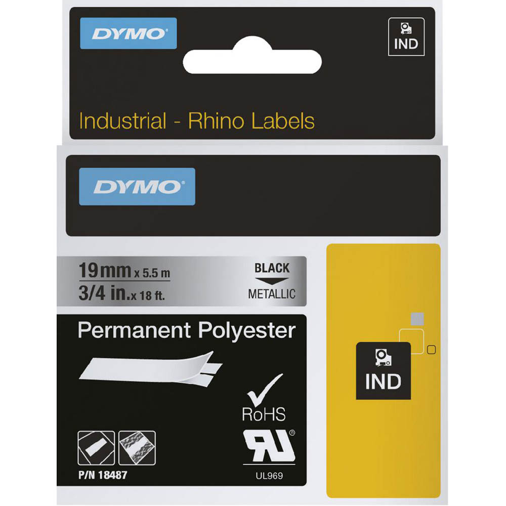 Image for DYMO 18487 RHINO INDUSTRIAL TAPE PERMANENT POLYESTER 19MM BLACK ON METALLIC from MOE Office Products Depot Mackay & Whitsundays