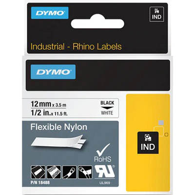 Image for DYMO SD18488 RHINO INDUSTRIAL TAPE FLEXIBLE NYLON 12MM BLACK ON WHITE from MOE Office Products Depot Mackay & Whitsundays