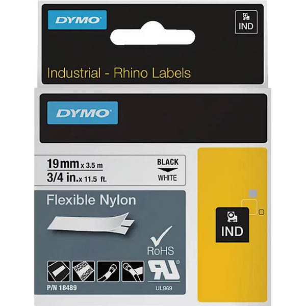 Image for DYMO SD18489 RHINO INDUSTRIAL TAPE FLEXIBLE NYLON 19MM BLACK ON WHITE from Total Supplies Pty Ltd