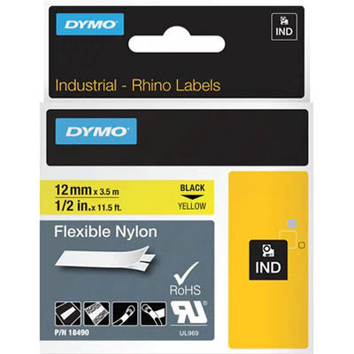 Image for DYMO SD18490 RHINO INDUSTRIAL TAPE FLEXIBLE NYLON 12MM BLACK ON YELLOW from Albany Office Products Depot