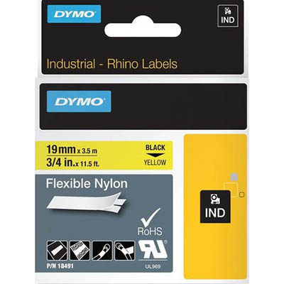 Image for DYMO SD18491 RHINO INDUSTRIAL TAPE FLEXIBLE NYLON 19MM BLACK ON YELLOW from Total Supplies Pty Ltd