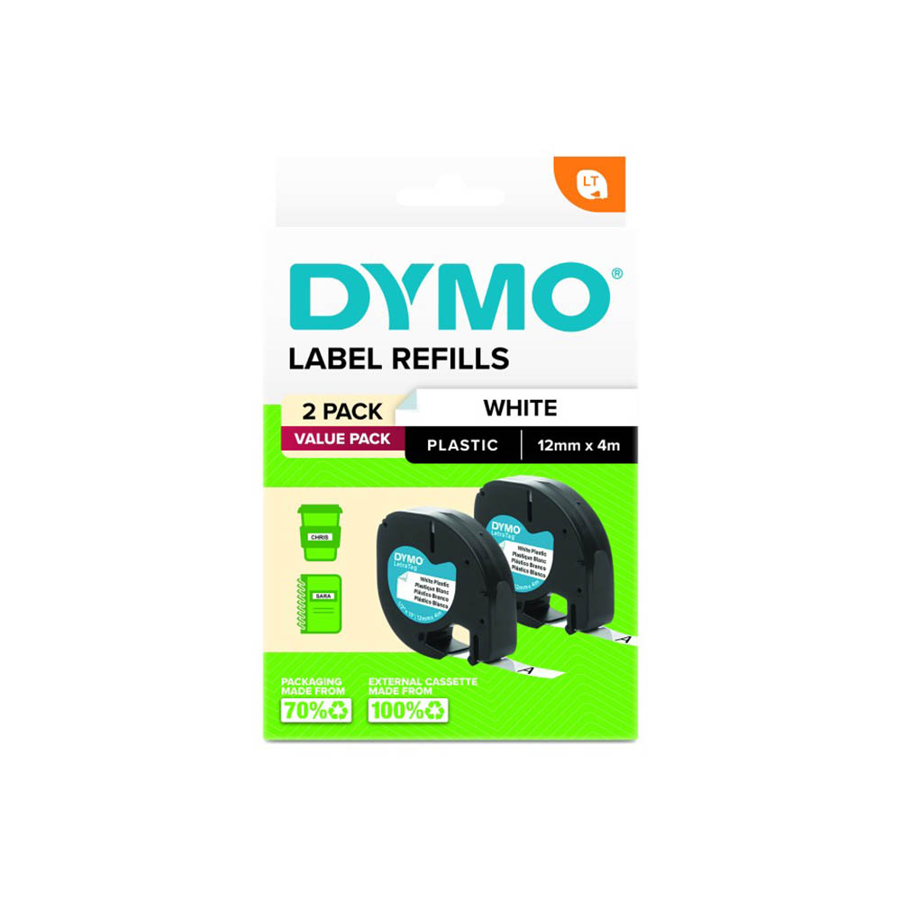 Image for DYMO LETRATAG PLASTIC TAPE 12MM X 4M WHITE PACK 2 from Ross Office Supplies Office Products Depot