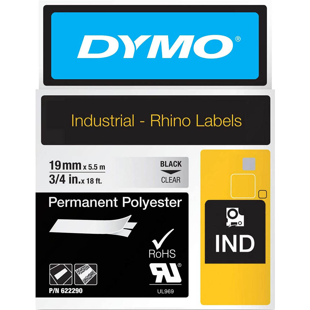 Image for DYMO 622290 RHINO INDUSTRIAL TAPE PERMANENT POLYESTER 19MM BLACK ON CLEAR from Margaret River Office Products Depot