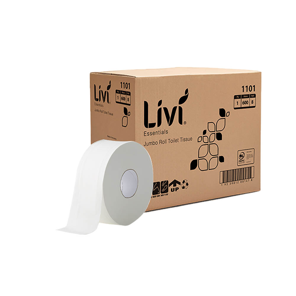 Image for LIVI ESSENTIALS JUMBO ROLL TOILET 1-PLY 600M CARTON 8 from Total Supplies Pty Ltd