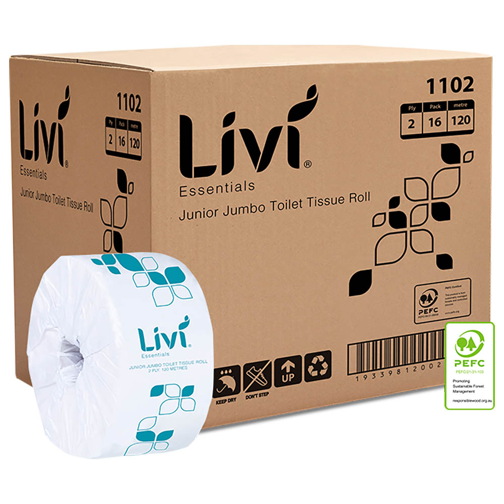 Image for LIVI ESSENTIALS JUNIOR JUMBO TOILET ROLL EMBOSSED 2-PLY 120M CARTON 16 from Barkers Rubber Stamps & Office Products Depot