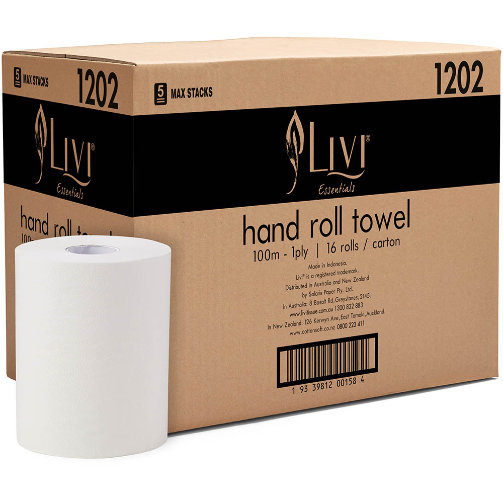 Image for LIVI ESSENTIALS ROLL TOWEL 1-PLY 100M CARTON 16 from Barkers Rubber Stamps & Office Products Depot
